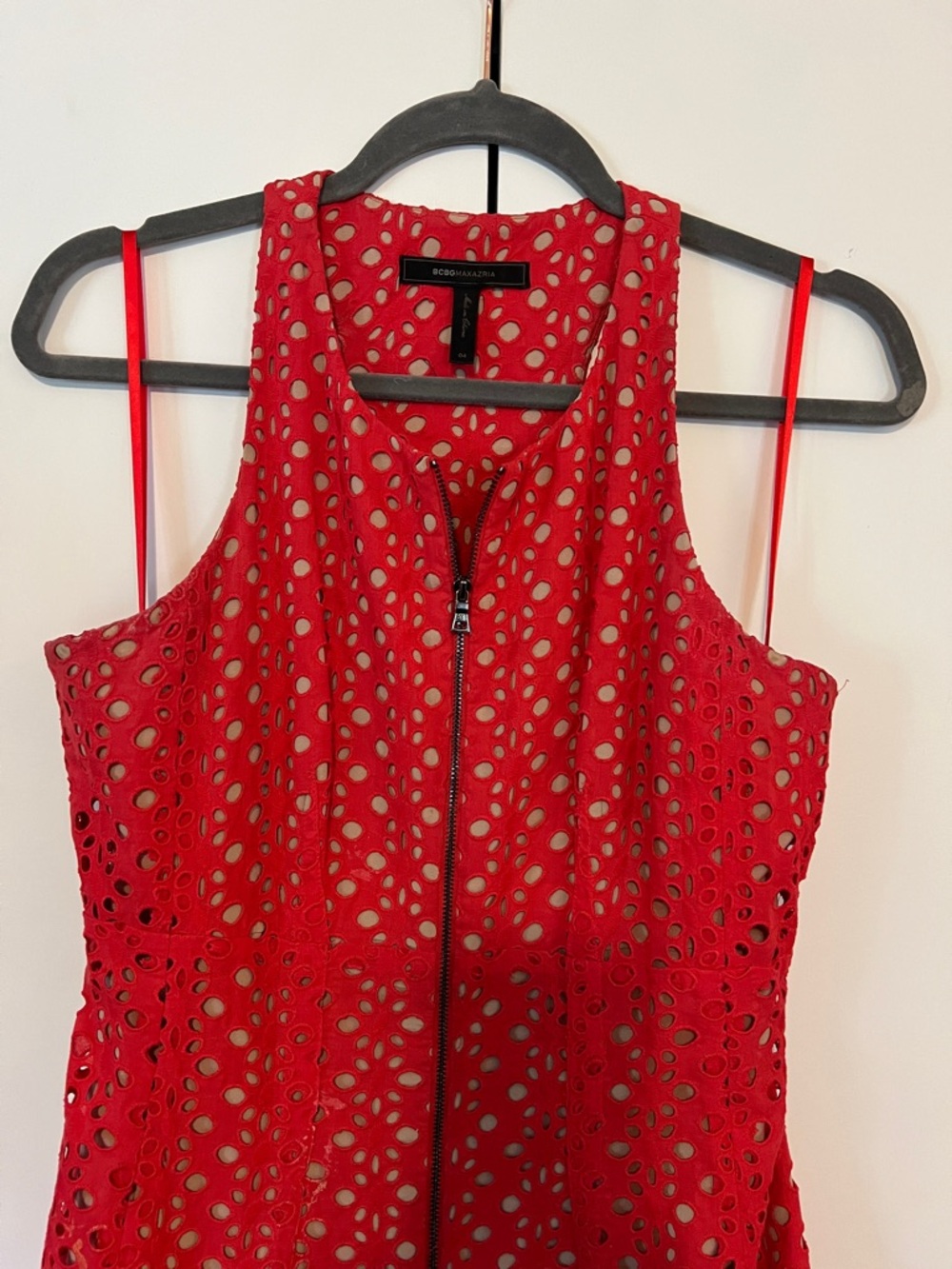 BCBGMaxAzria Red Eyelet Zip-Front Mini Dress